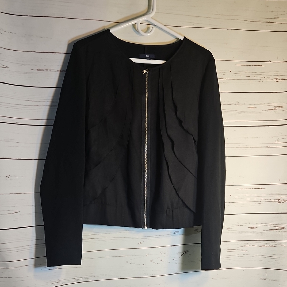 GAP Womens Large Solid Black‎ Layered Ruffle Zip Front Lightweight Jacket